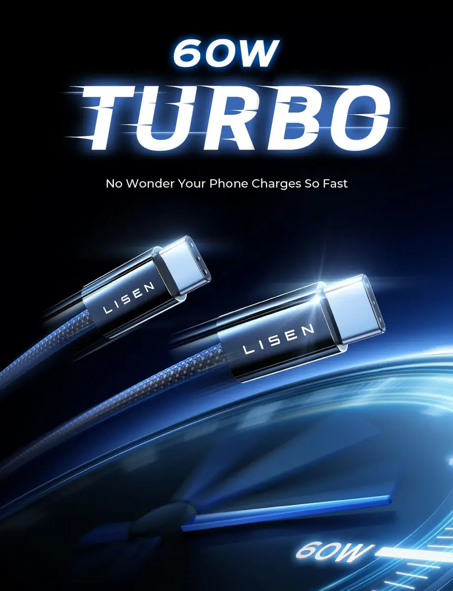LISEN USB C Cable, 5-Pack [3.3FT] USBC to USBC | 60W Fast Charging, Recyclable Cotton Braided - view 2