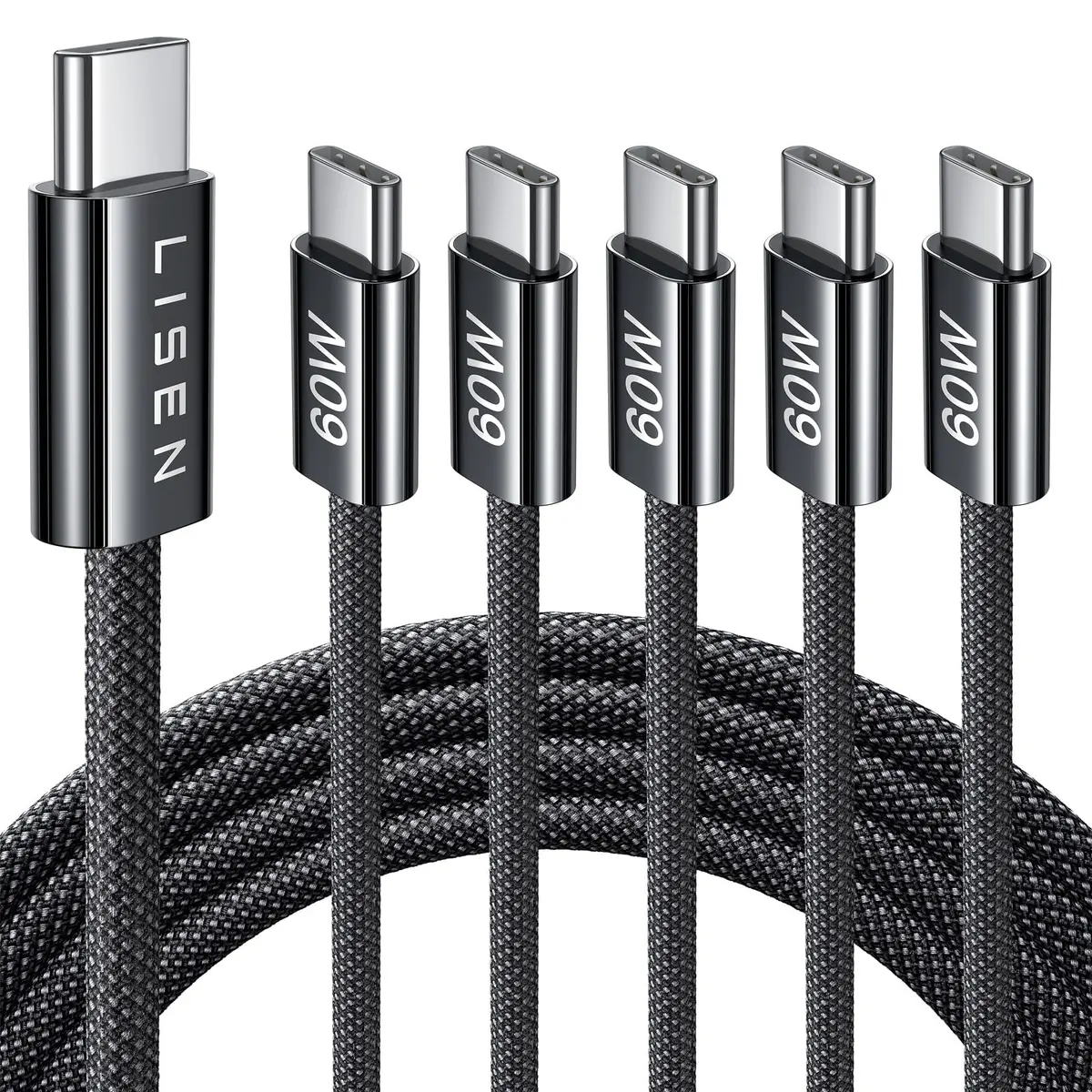 LISEN USB C Cable 5-Pack [6.6FT] | Fast 60W Charging & Recyclable Cotton Braided Cord - main product image