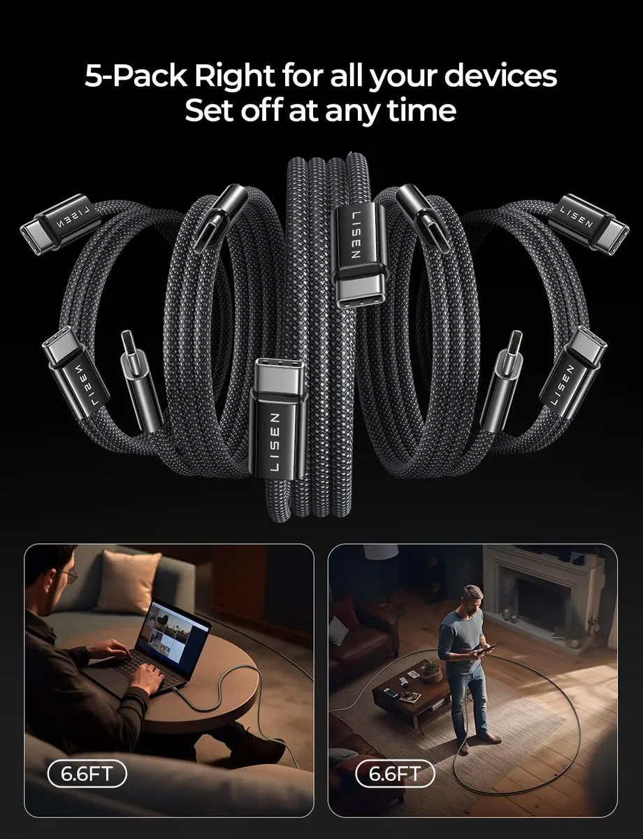 LISEN USB C Cable 5-Pack [6.6FT] | Fast 60W Charging & Recyclable Cotton Braided Cord - view 7