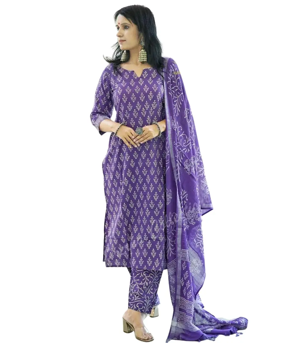 Meera Fab Women's Cotton Printed Straight Kurta With Palazzo & Dupatta Set Small Purple 3/4 Sleeve - main product image