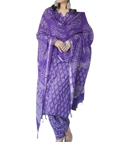 Meera Fab Women's Cotton Printed Straight Kurta With Palazzo & Dupatta Set Small Purple 3/4 Sleeve - view 8