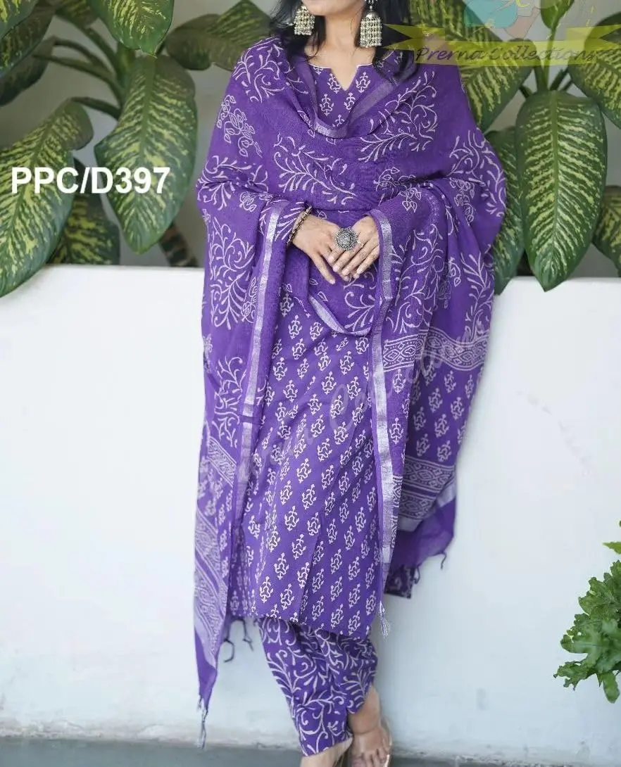 Meera Fab Women's Cotton Printed Straight Kurta With Palazzo & Dupatta Set Small Purple 3/4 Sleeve - view 11