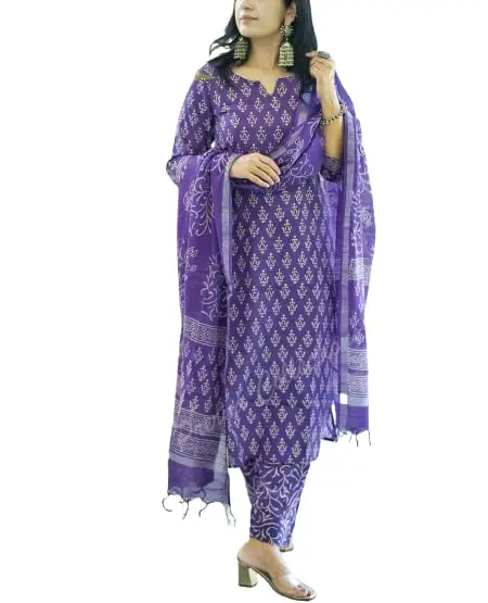 Meera Fab Women's Cotton Printed Straight Kurta With Palazzo & Dupatta Set Small Purple 3/4 Sleeve - view 4