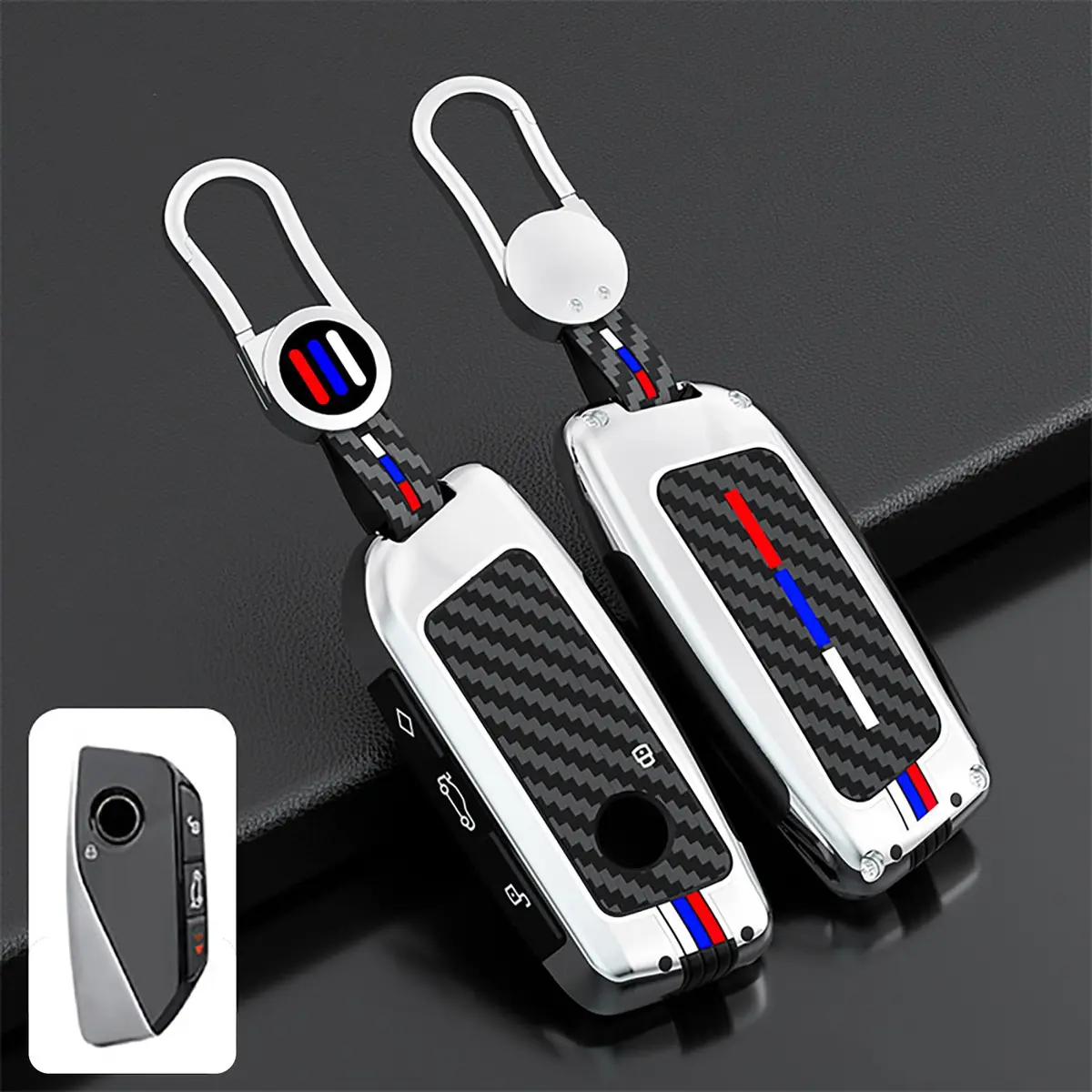 OLLEN Bright Silver Carbon Fiber Pattern Metal Key Fob Cover for BMW 2023-2026 Models, 15.0 cm (5.9 inches) - main product image