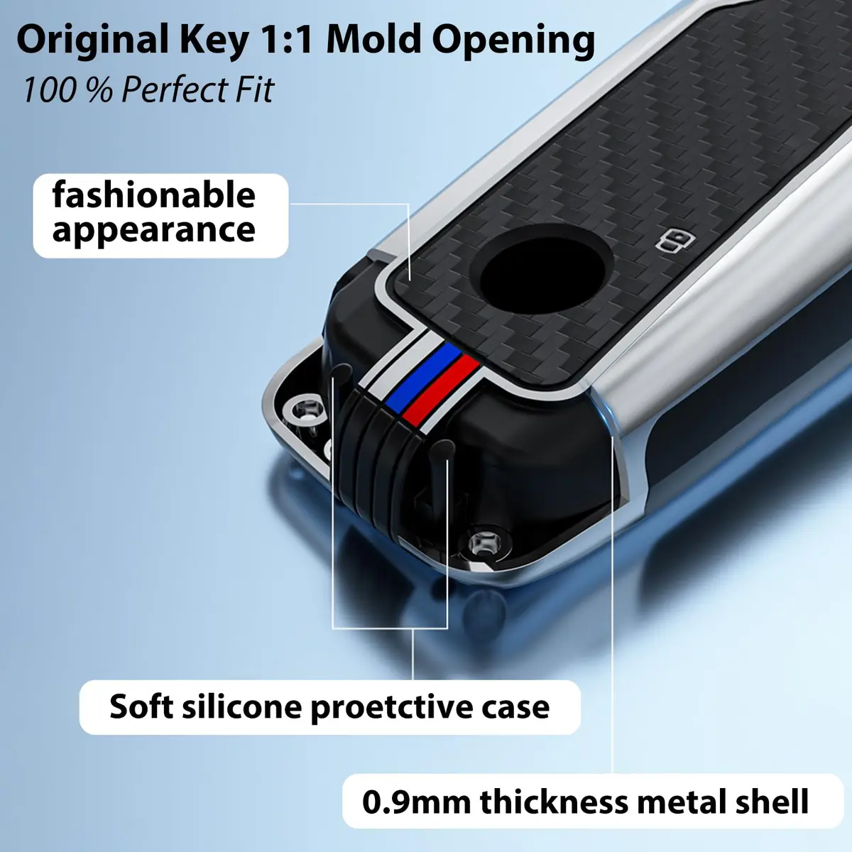 OLLEN Bright Silver Carbon Fiber Pattern Metal Key Fob Cover for BMW 2023-2026 Models, 15.0 cm (5.9 inches) - view 6