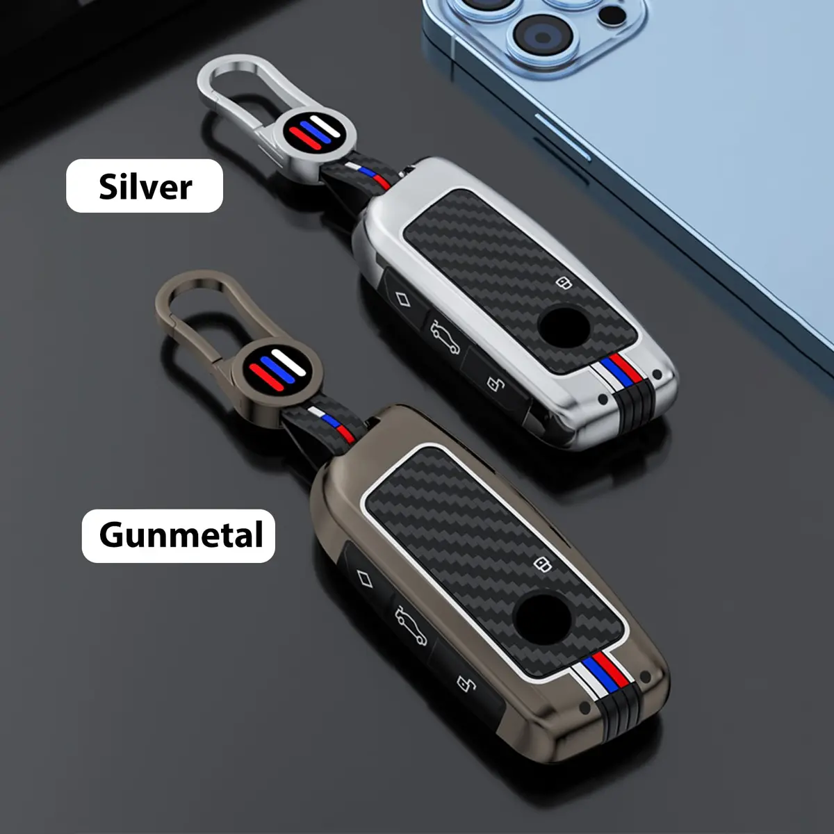 OLLEN Bright Silver Carbon Fiber Pattern Metal Key Fob Cover for BMW 2023-2026 Models, 15.0 cm (5.9 inches) - view 3