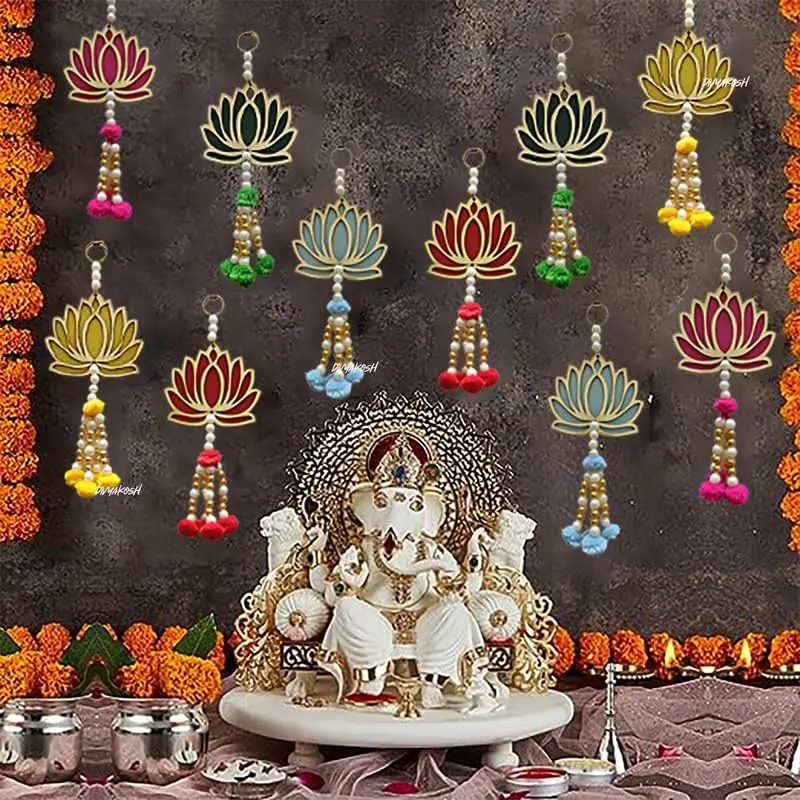Divyakosh Handmade Lotus Wall Hangings Pack of 10 | Pom Pom Style, 7 Inch, Multicolor for Ganpati & Diwali Decor - main product image