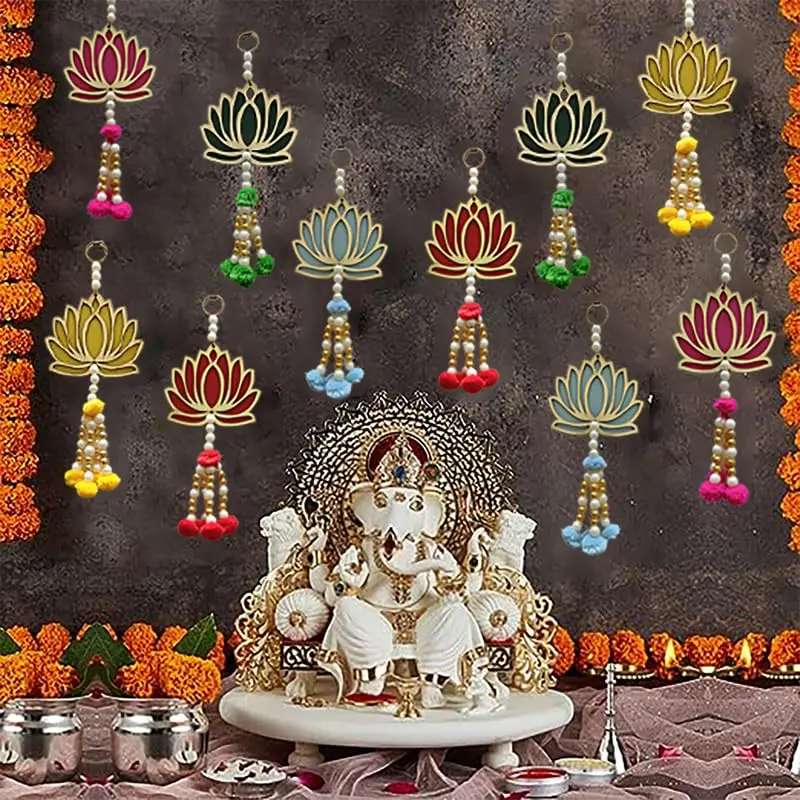 Divyakosh Handmade Lotus Wall Hangings Pack of 10 | Pom Pom Style, 7 Inch, Multicolor for Ganpati & Diwali Decor - view 6