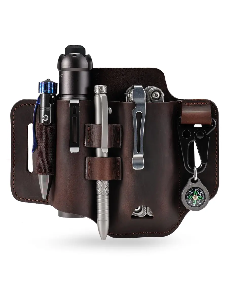 sayram ST2 Leather Multitool Sheath with Keychain Clip | Dark Brown EDC Belt Organizer for Leatherman Tools, Flashlight, Pen (7.3 x 5.35 inches) - main product image