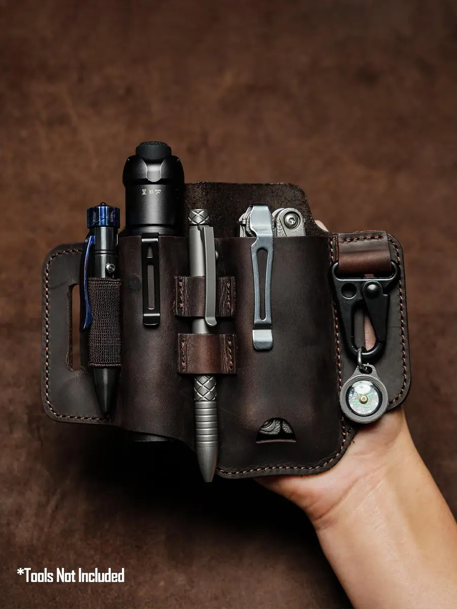 sayram ST2 Leather Multitool Sheath with Keychain Clip | Dark Brown EDC Belt Organizer for Leatherman Tools, Flashlight, Pen (7.3 x 5.35 inches) - view 5