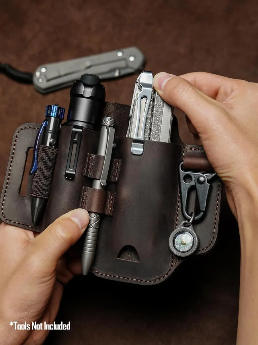 sayram ST2 Leather Multitool Sheath with Keychain Clip | Dark Brown EDC Belt Organizer for Leatherman Tools, Flashlight, Pen (7.3 x 5.35 inches) - view 6
