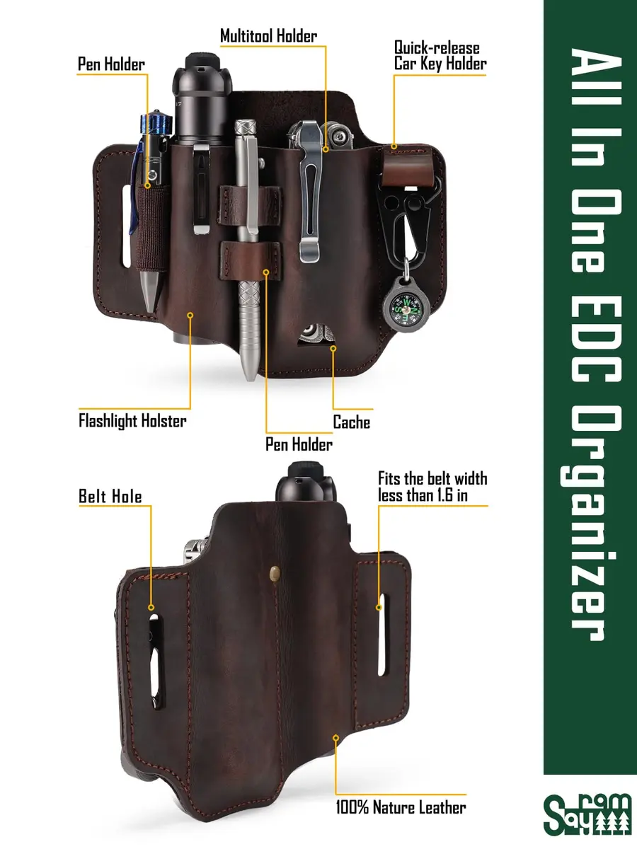 sayram ST2 Leather Multitool Sheath with Keychain Clip | Dark Brown EDC Belt Organizer for Leatherman Tools, Flashlight, Pen (7.3 x 5.35 inches) - view 3