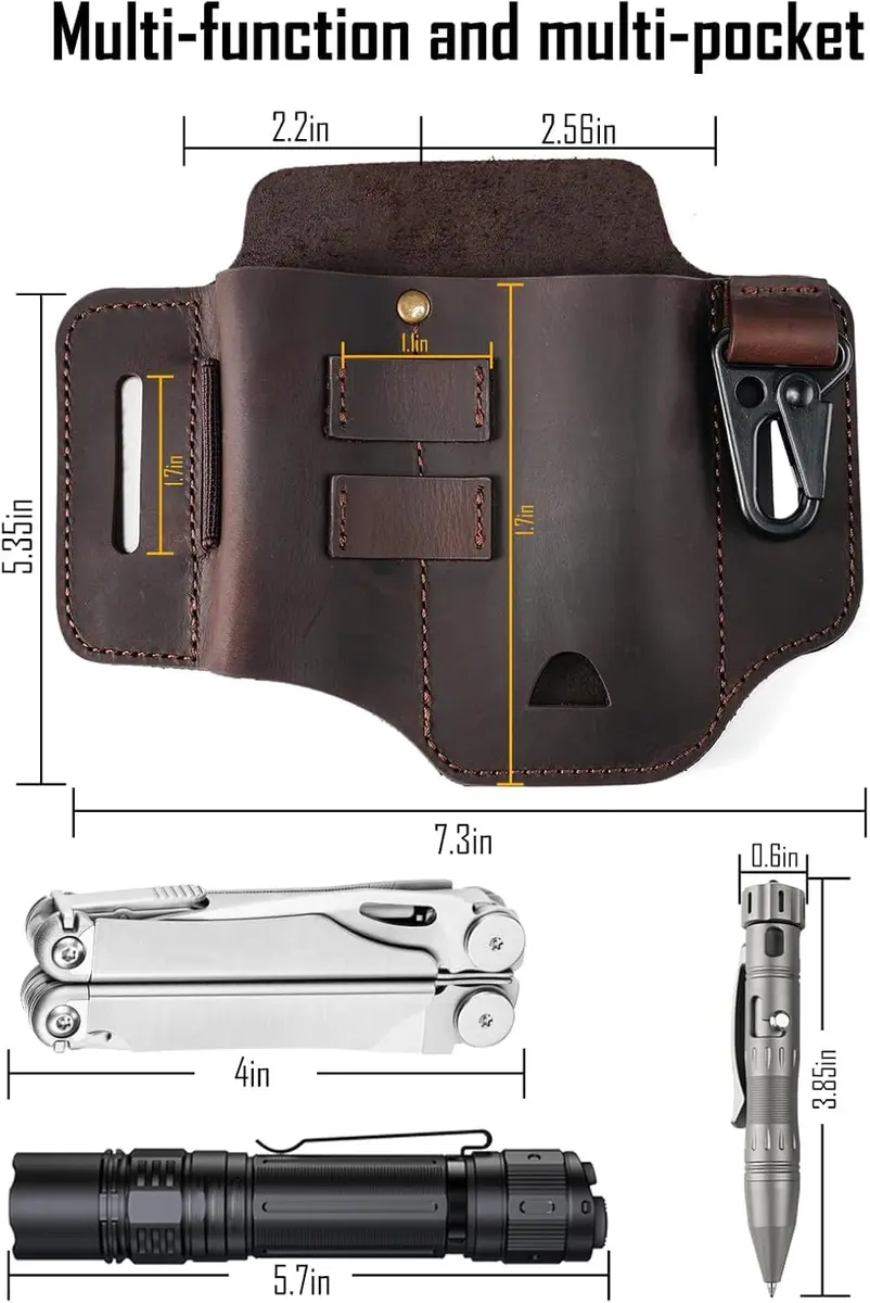 sayram ST2 Leather Multitool Sheath with Keychain Clip | Dark Brown EDC Belt Organizer for Leatherman Tools, Flashlight, Pen (7.3 x 5.35 inches) - view 4