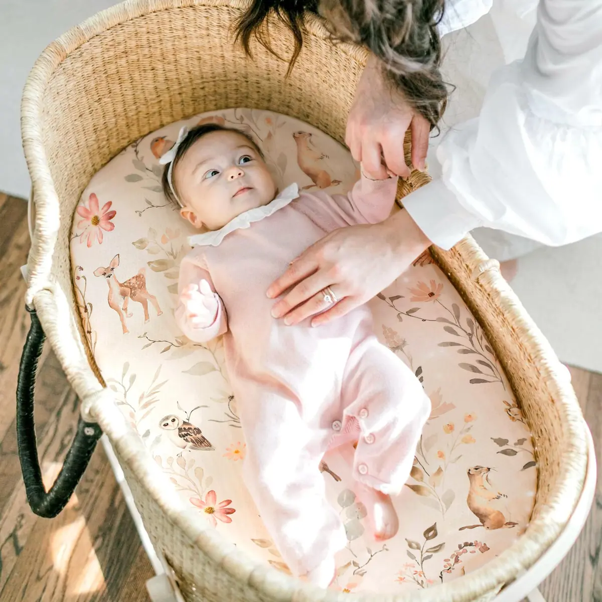 GRSSDER Stretchy Ultra Soft Fitted Bassinet Sheet Set 2 Pack, Universal Fit for Bassinets Baby Cradle Moses Basket Oval Rectangle Mattress Safe and Snug, 32" x 16" x 5" (2-Pack, Blush Pink Floral & Animals) - view 6