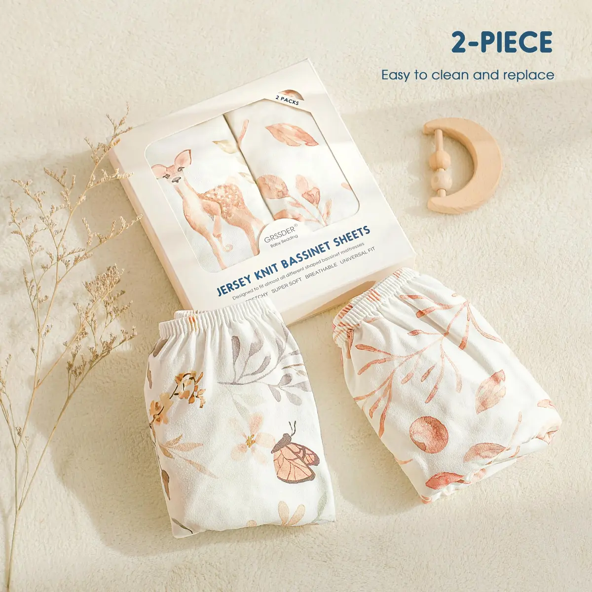 GRSSDER Stretchy Ultra Soft Fitted Bassinet Sheet Set 2 Pack, Universal Fit for Bassinets Baby Cradle Moses Basket Oval Rectangle Mattress Safe and Snug, 32" x 16" x 5" (2-Pack, Blush Pink Floral & Animals) - view 7