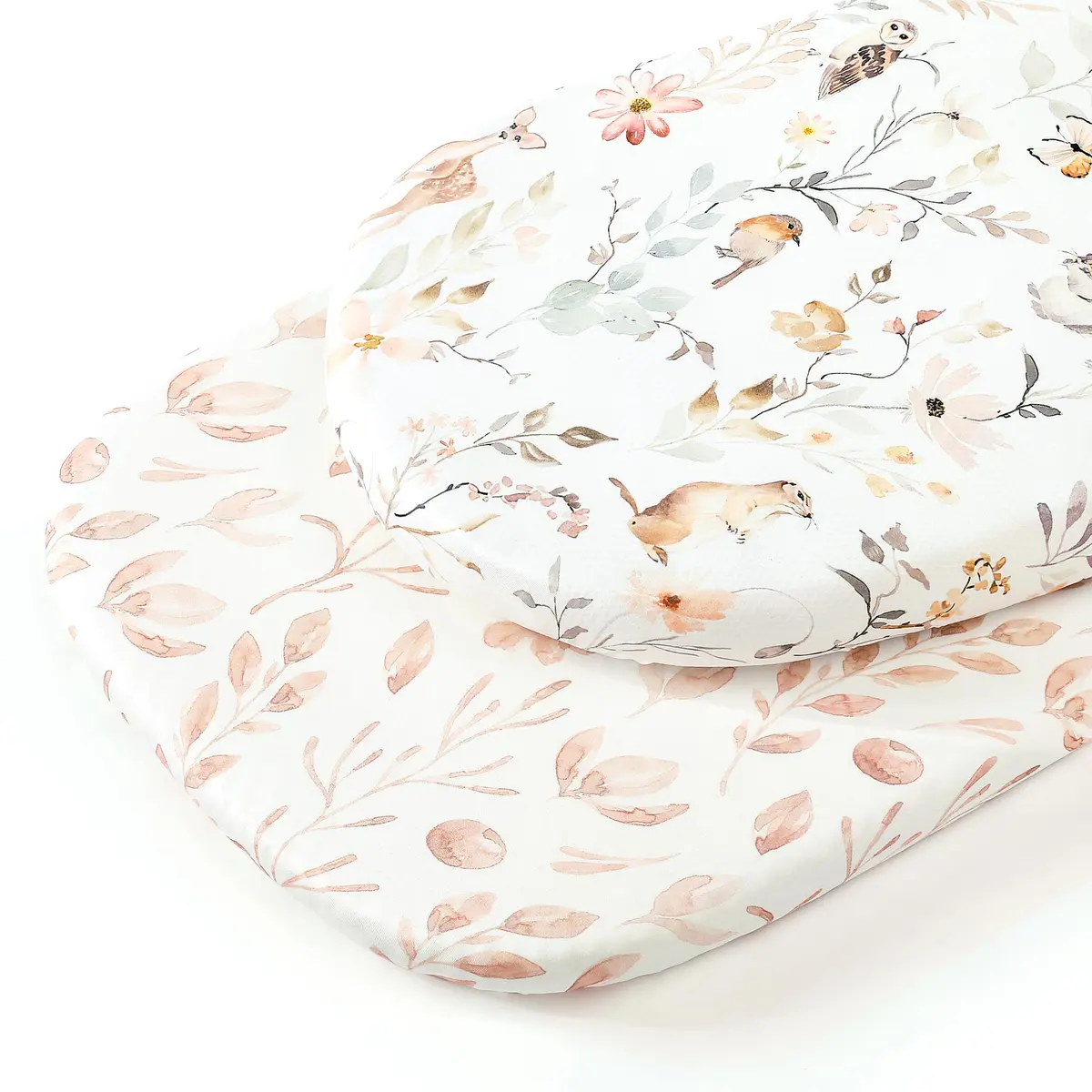 GRSSDER Stretchy Ultra Soft Fitted Bassinet Sheet Set 2 Pack, Universal Fit for Bassinets Baby Cradle Moses Basket Oval Rectangle Mattress Safe and Snug, 32" x 16" x 5" (2-Pack, Blush Pink Floral & Animals) - view 2