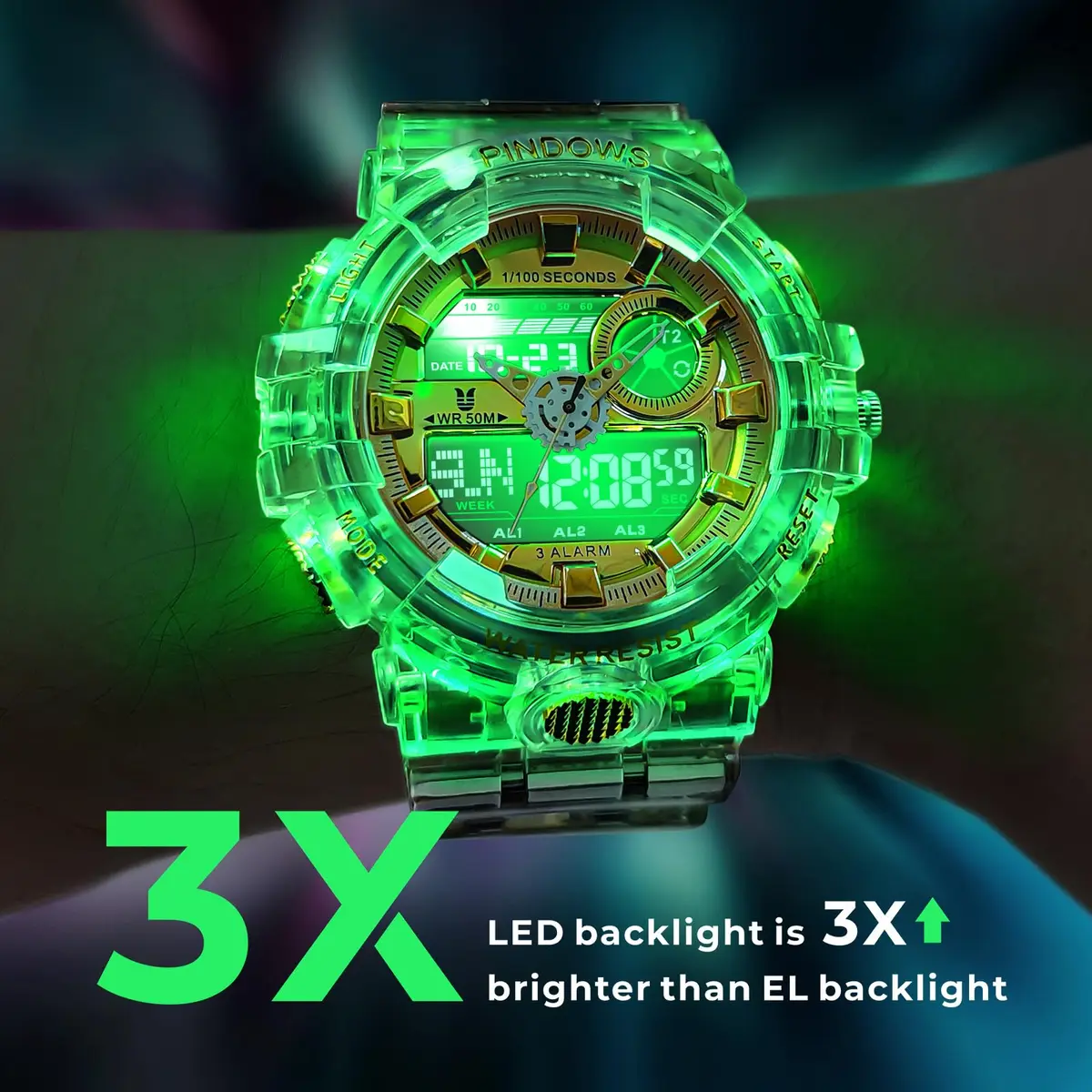 PINDOWS PDS-603 Men's Analog-Digital Watch 53mm (1.89in) | Full-Case LED Backlight Tactical Sports Watch - view 4