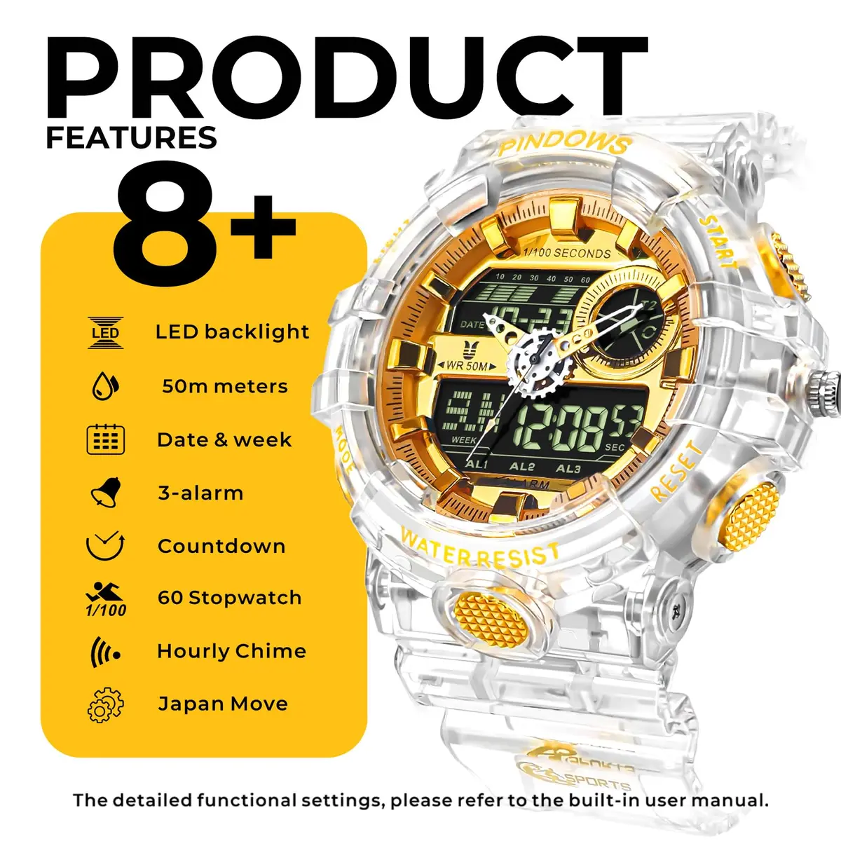 PINDOWS PDS-603 Men's Analog-Digital Watch 53mm (1.89in) | Full-Case LED Backlight Tactical Sports Watch - view 6