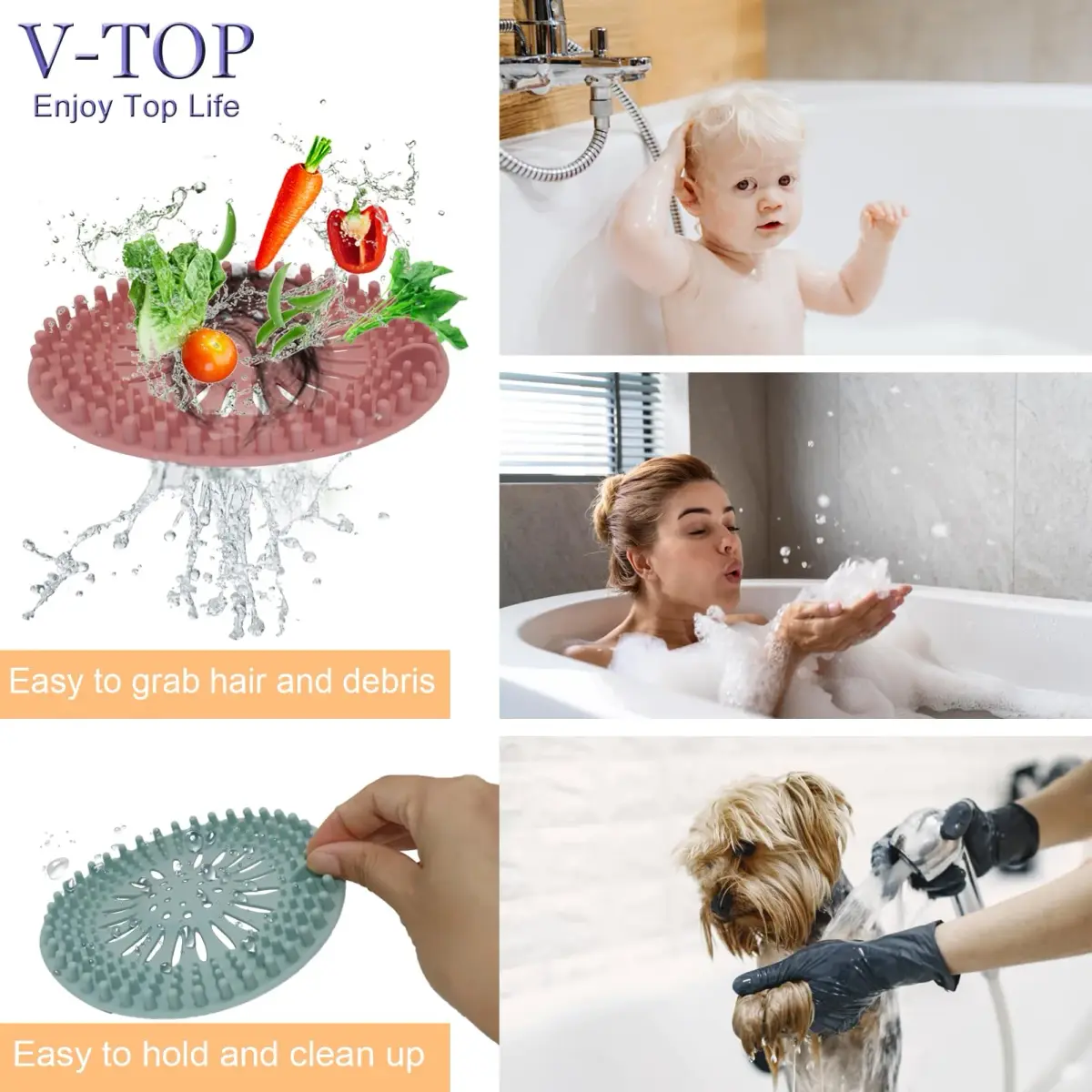 V-TOP Shower Drain Hair Catcher & Tub Stopper 4 Pack | Silicone Bathtub Drain Plug for Bathroom, Kitchen, Laundry - view 6