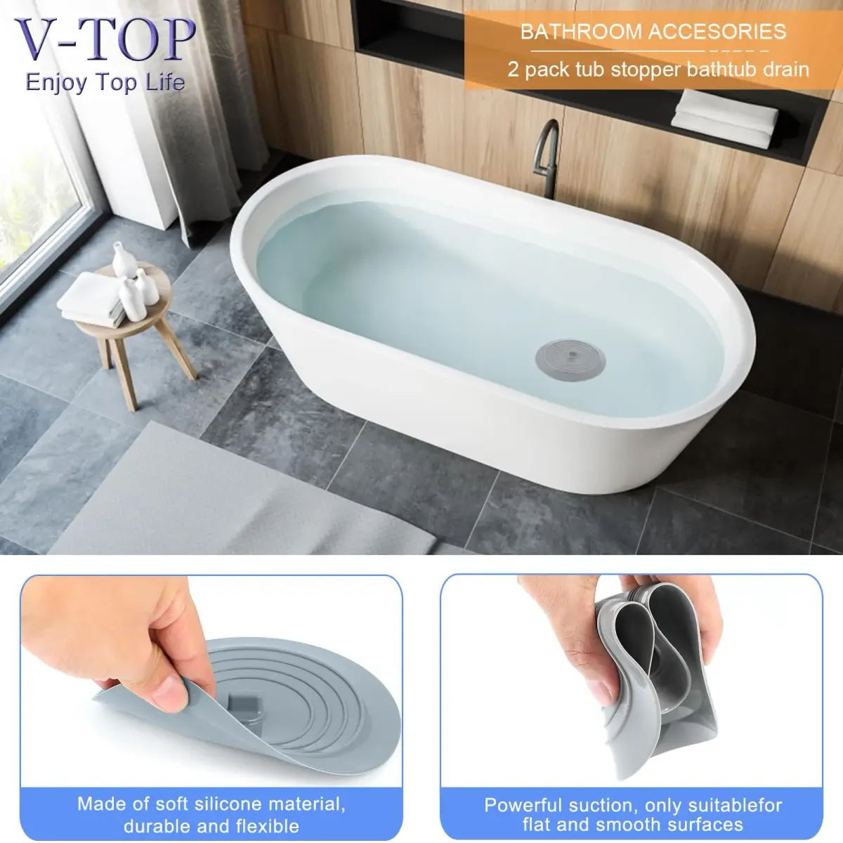 V-TOP Shower Drain Hair Catcher & Tub Stopper 4 Pack | Silicone Bathtub Drain Plug for Bathroom, Kitchen, Laundry - view 3