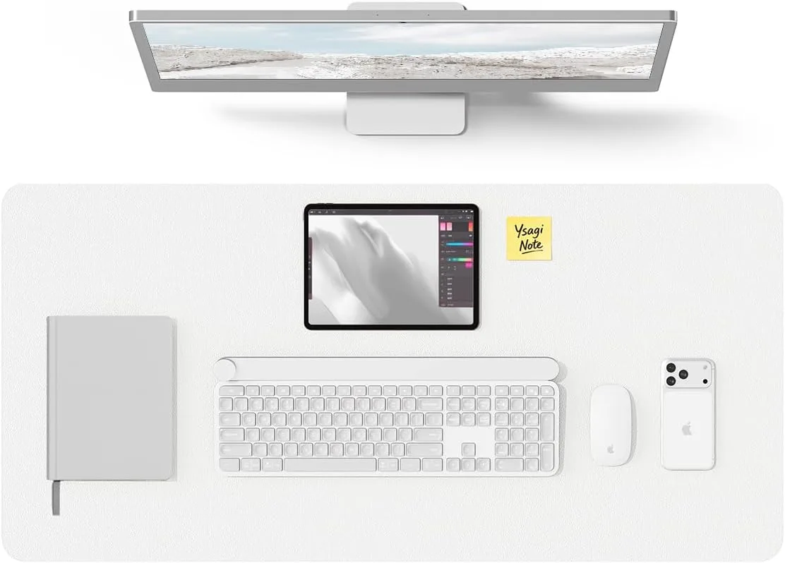 YSAGi White PU Leather Desk Protector Pad with Large Mouse Mat Surface, 35.4" x 17" | Protects Your Desk from Scratches & Spills - main product image