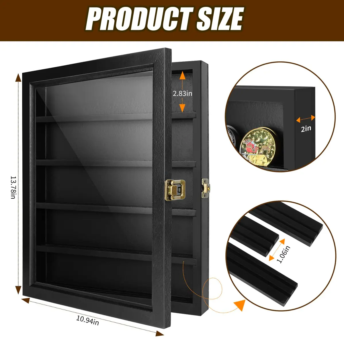 ULTRGEE Challenge Coin Display Case, Wall Mount Shadow Box for Coins, Medals & Badges, Black | Acrylic & Wood - view 4