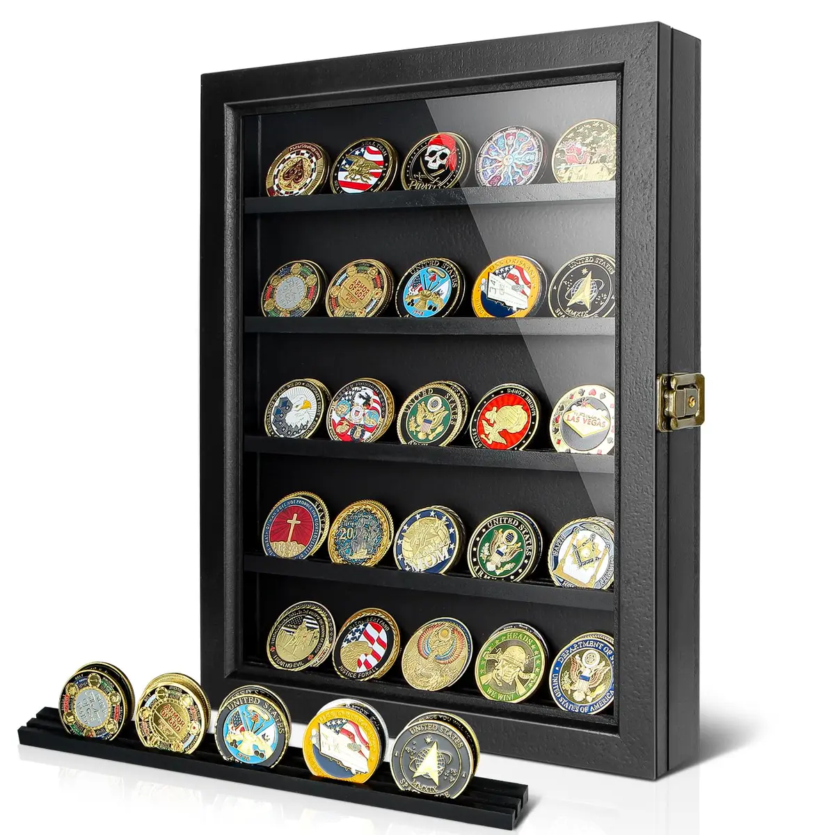 ULTRGEE Challenge Coin Display Case, Wall Mount Shadow Box for Coins, Medals & Badges, Black | Acrylic & Wood - main product image