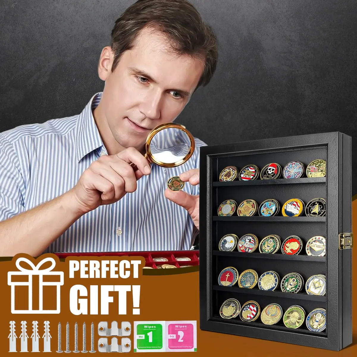 ULTRGEE Challenge Coin Display Case, Wall Mount Shadow Box for Coins, Medals & Badges, Black | Acrylic & Wood - view 7