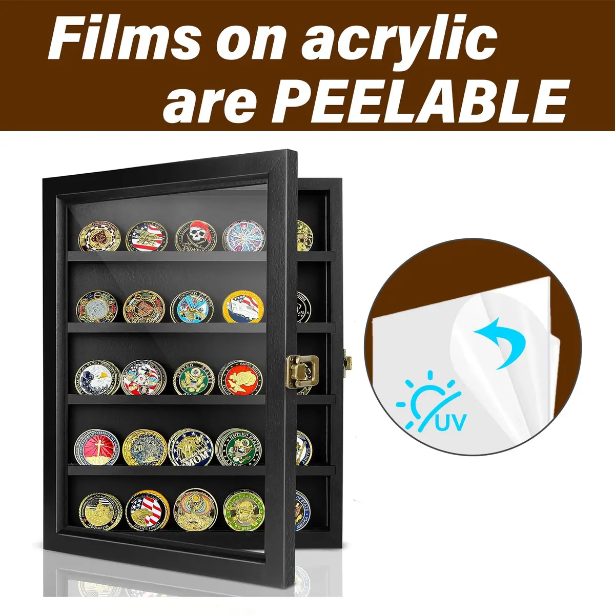 ULTRGEE Challenge Coin Display Case, Wall Mount Shadow Box for Coins, Medals & Badges, Black | Acrylic & Wood - view 2