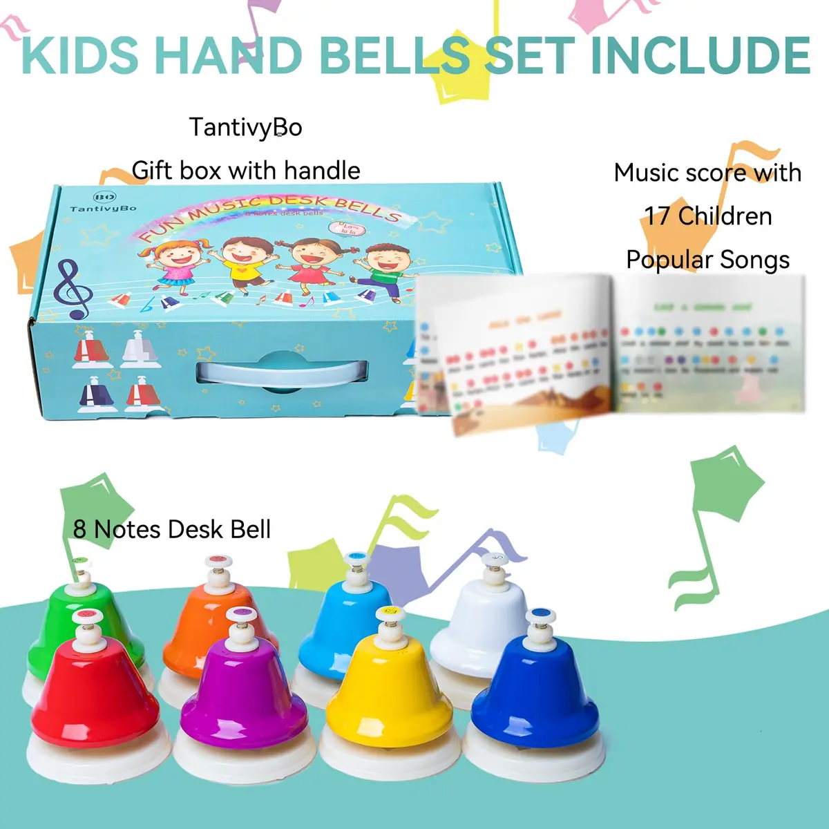 TantivyBo Rainbow Diatonic Hand Bells Set with Songbook | 8-Note Musical Educational Toy for Kids Aged 3+ - view 2
