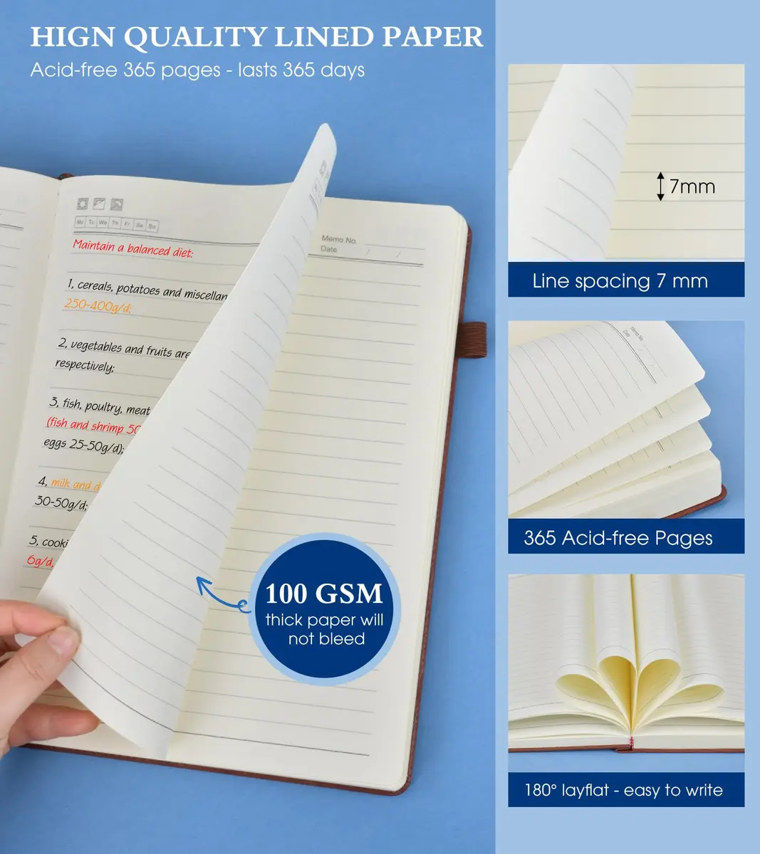 PERCUN B5 Leather Journal Notebook 7.6" x 10.3" | 365 Pages Thick Paper - view 6