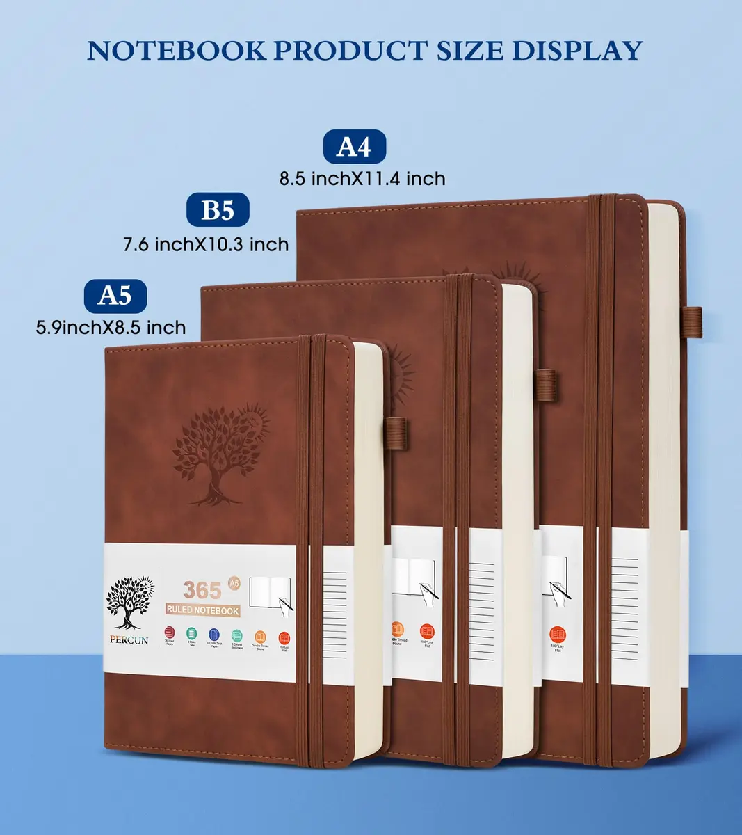 PERCUN B5 Leather Journal Notebook 7.6" x 10.3" | 365 Pages Thick Paper - view 2