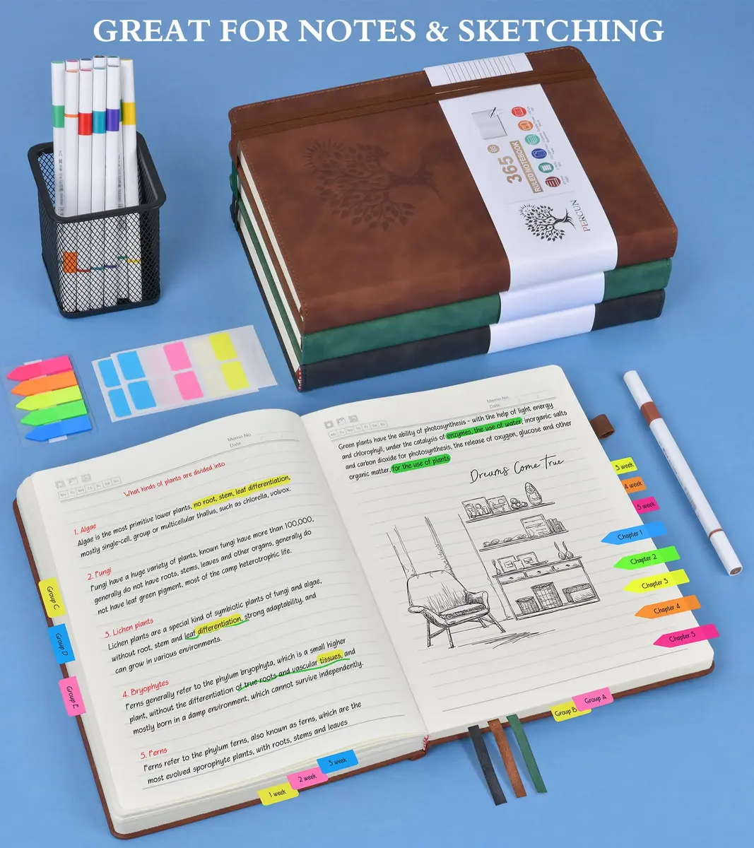 PERCUN B5 Leather Journal Notebook 7.6" x 10.3" | 365 Pages Thick Paper - view 4