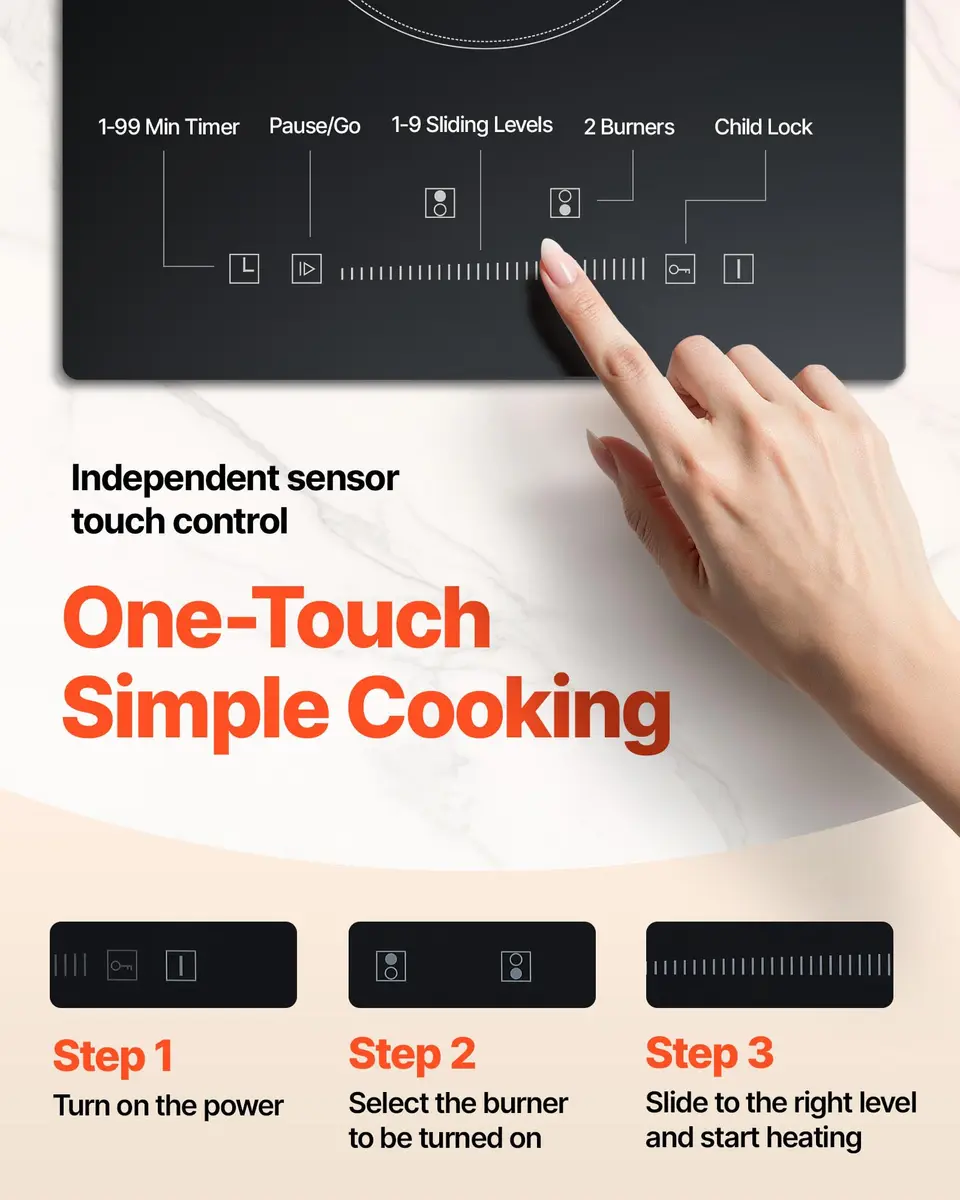 VEVOR Built-in Electric Stove Top 12 inch 2 Burners 3000W 220-240V Glass Radiant Cooktop | Sensor Touch Control with Timer & Child Lock - view 5