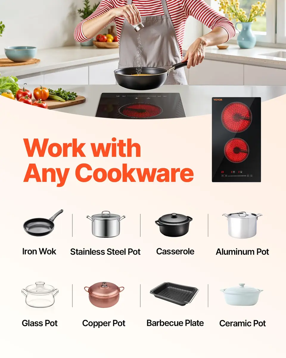 VEVOR Built-in Electric Stove Top 12 inch 2 Burners 3000W 220-240V Glass Radiant Cooktop | Sensor Touch Control with Timer & Child Lock - view 6