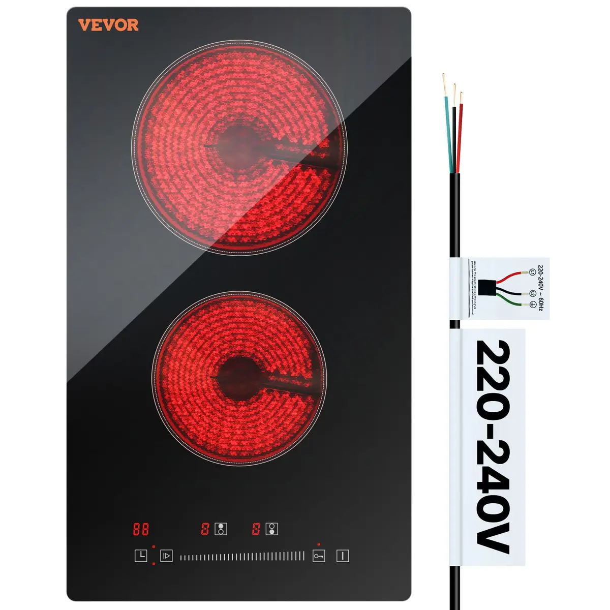 VEVOR Built-in Electric Stove Top 12 inch 2 Burners 3000W 220-240V Glass Radiant Cooktop | Sensor Touch Control with Timer & Child Lock - main product image