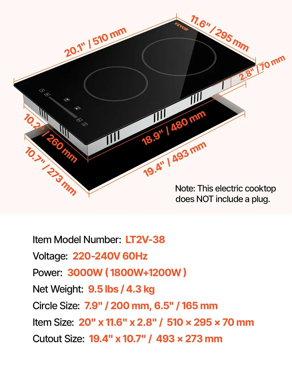 VEVOR Built-in Electric Stove Top 12 inch 2 Burners 3000W 220-240V Glass Radiant Cooktop | Sensor Touch Control with Timer & Child Lock - view 7