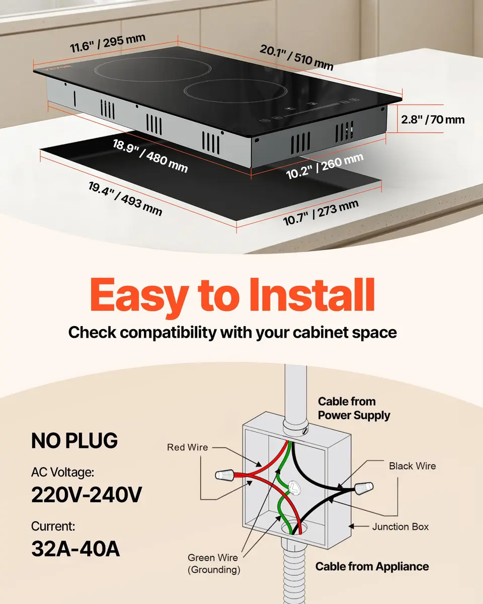 VEVOR Built-in Electric Stove Top 12 inch 2 Burners 3000W 220-240V Glass Radiant Cooktop | Sensor Touch Control with Timer & Child Lock - view 2