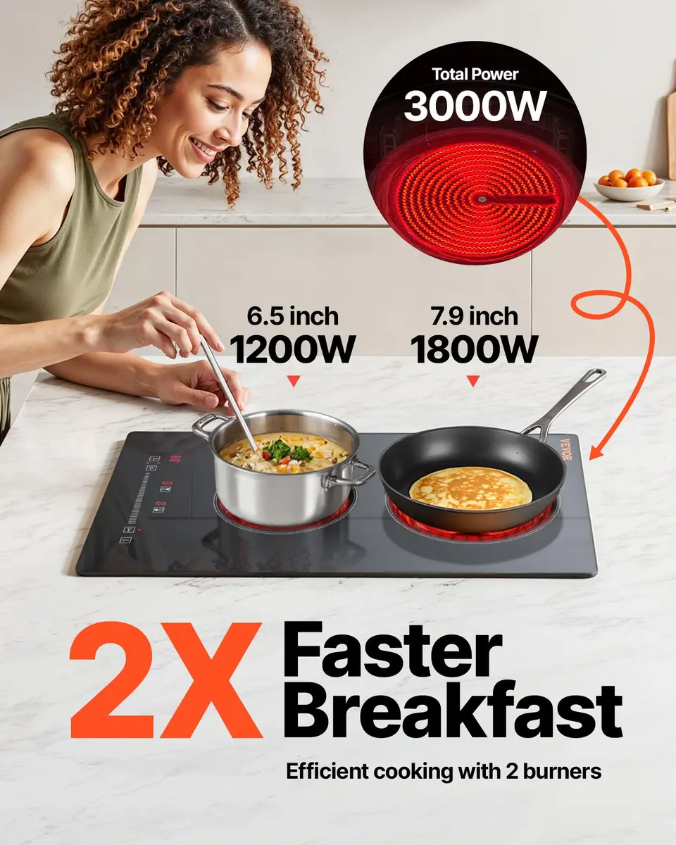 VEVOR Built-in Electric Stove Top 12 inch 2 Burners 3000W 220-240V Glass Radiant Cooktop | Sensor Touch Control with Timer & Child Lock - view 3