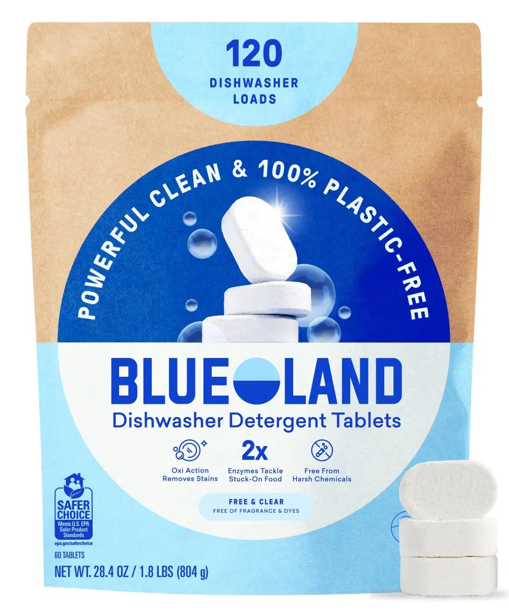 BLUELAND 100% Plastic-Free Dishwasher Detergent Tablets 120ct, Free & Clear | Plant-Based & Septic-Safe - main product image