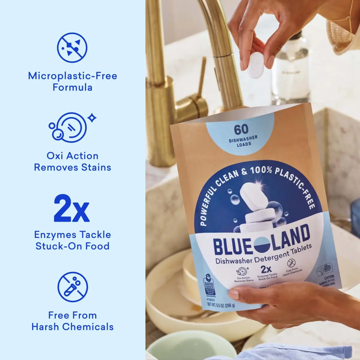 BLUELAND 100% Plastic-Free Dishwasher Detergent Tablets 120ct, Free & Clear | Plant-Based & Septic-Safe - view 2