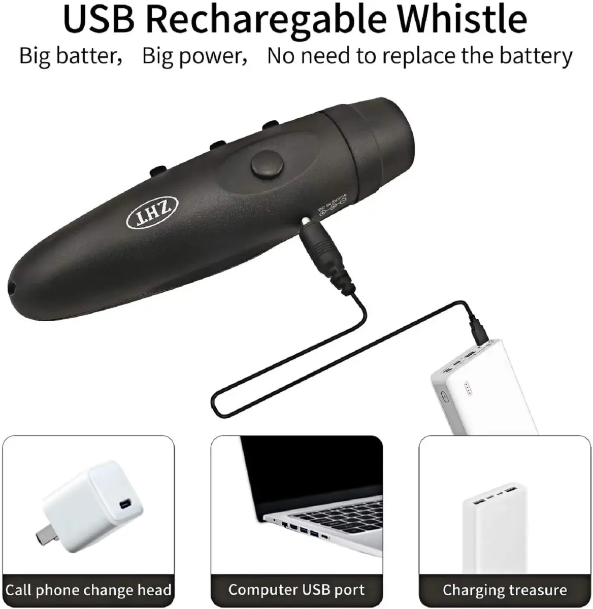 ZHT Electronic Whistle with USB Charging, 3-Tone 120dB Loud, Rechargeable Referee & Coach Whistle with Lanyard (2 Black Units) - view 3