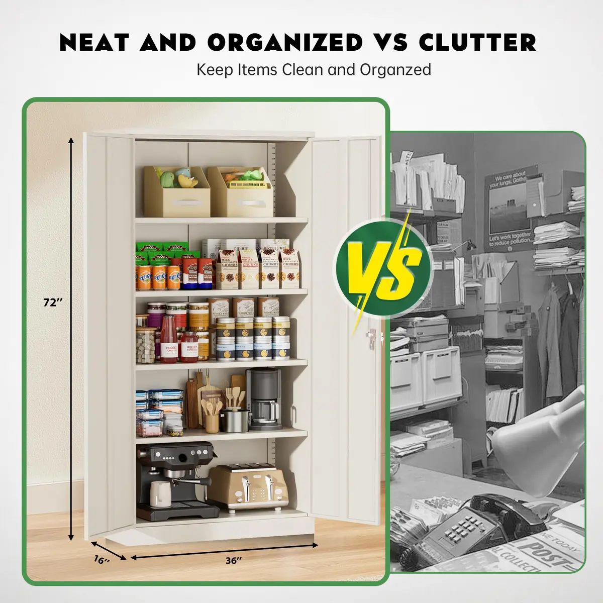 Greenvelly Metal Storage Cabinet, Gray Locking Steel Cabinet with 2 Doors and 4 Adjustable Shelves | 71" Utility Metal Filing Cabinet for Home Office & Garage - view 6
