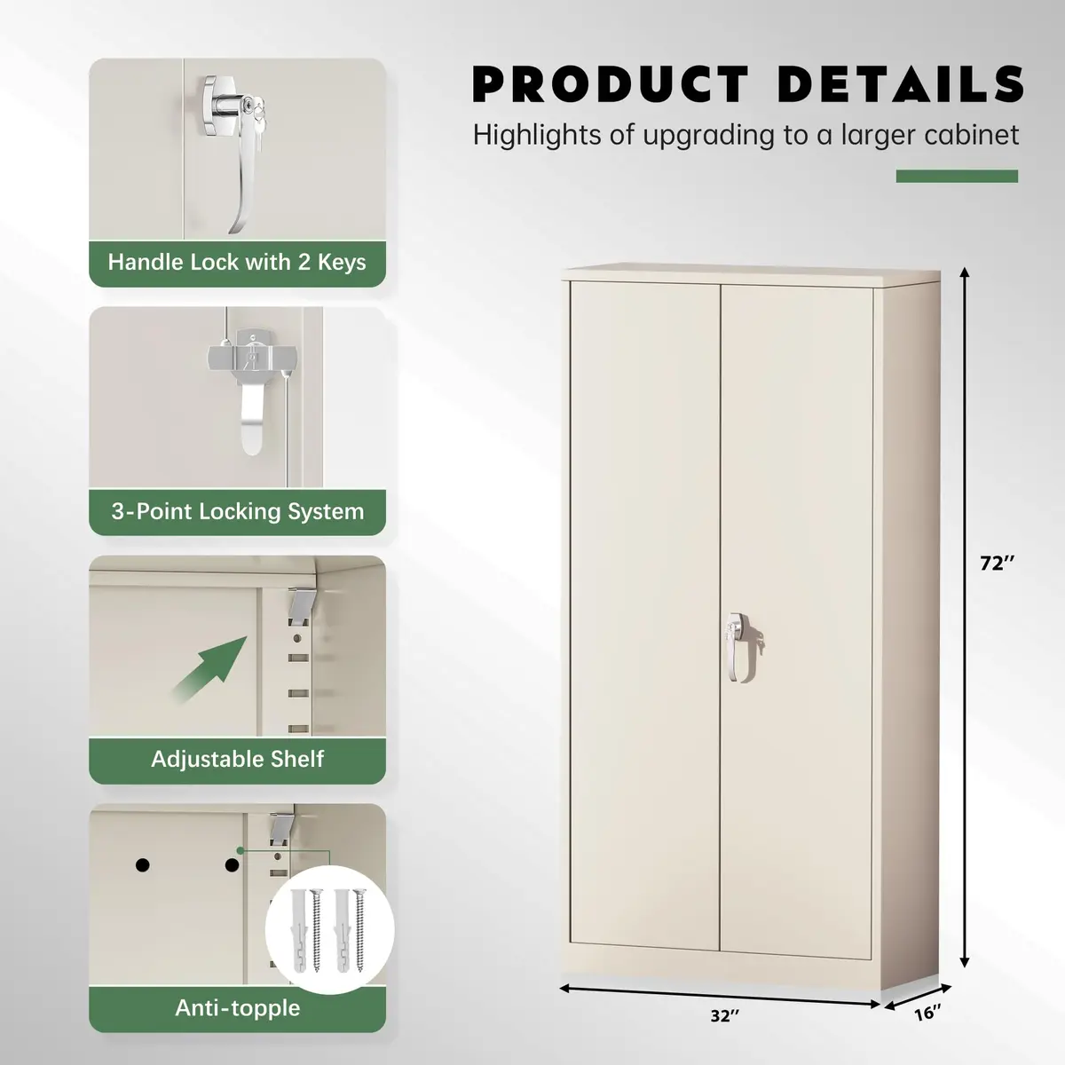 Greenvelly Metal Storage Cabinet, Gray Locking Steel Cabinet with 2 Doors and 4 Adjustable Shelves | 71" Utility Metal Filing Cabinet for Home Office & Garage - view 3