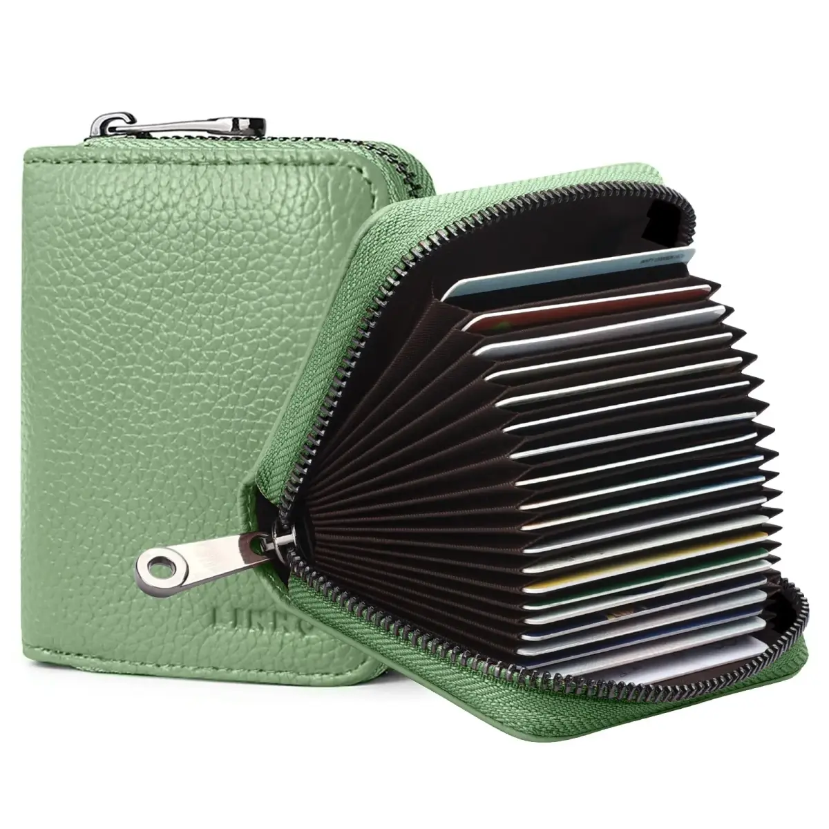 Linno RFID Genuine Leather Credit Card Holder Wallet with Zipper - Light Green, 20 Slots - main product image