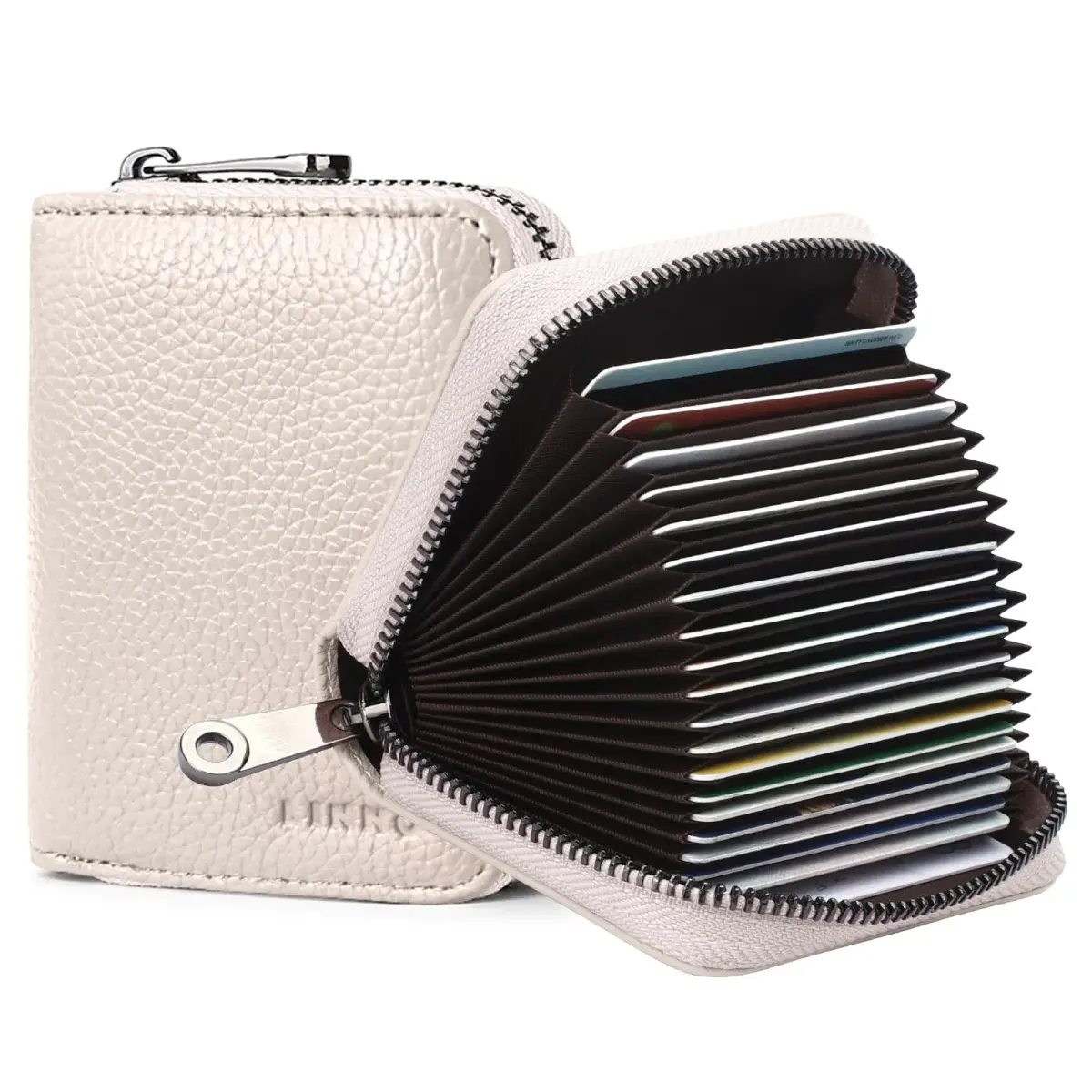Linno Beige Genuine Leather RFID Credit Card Holder Wallet with Zipper - 20 Slots - main product image