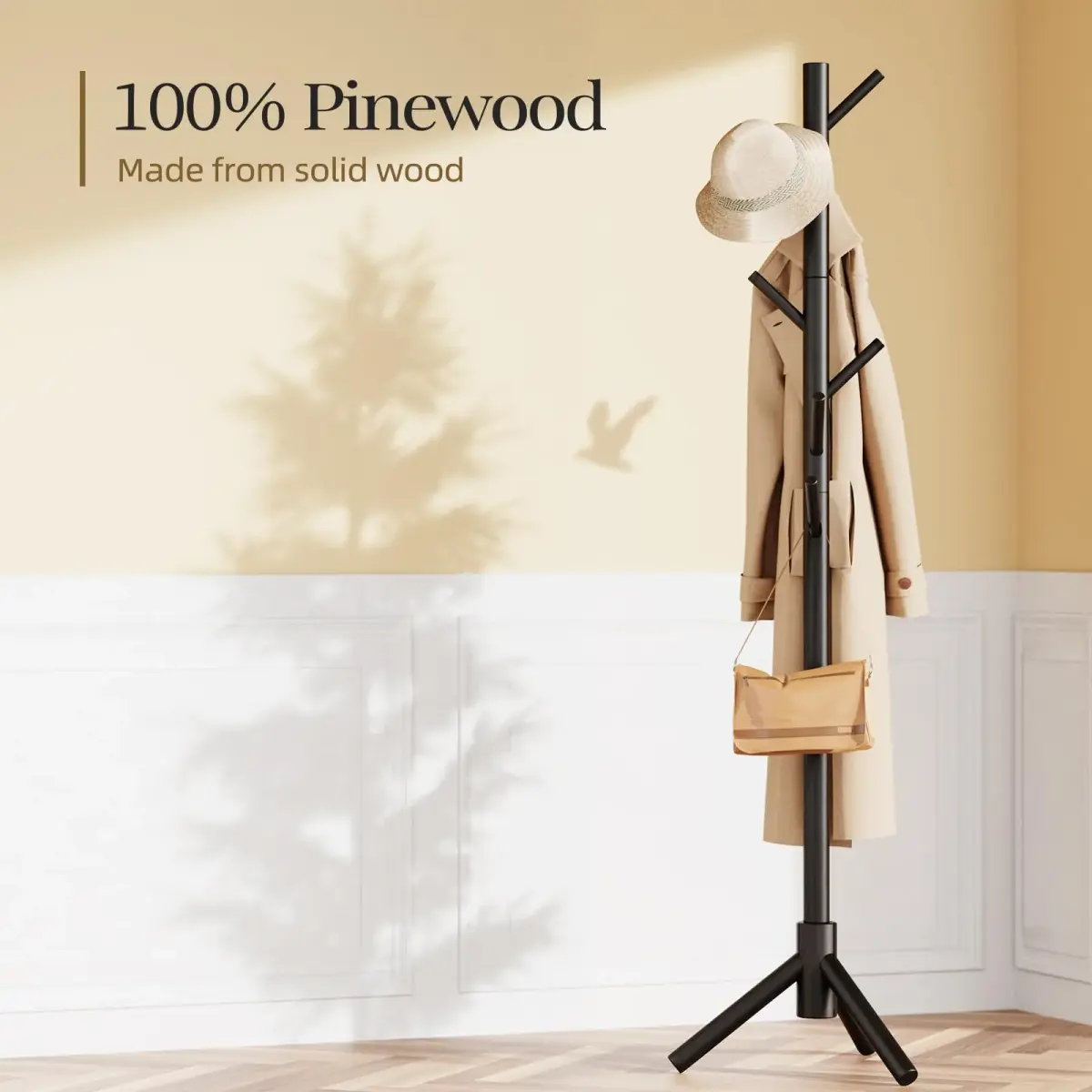 Pipishell Solid Wooden Coat Rack Freestanding with 8 Hooks, Black | Adjustable Height 68.9 inches (175 cm) - view 3