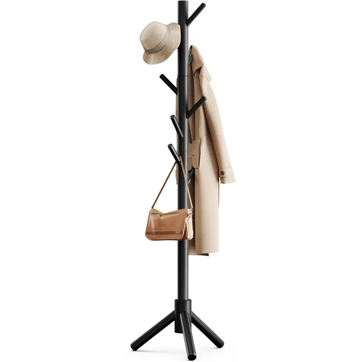 Pipishell Solid Wooden Coat Rack Freestanding with 8 Hooks, Black | Adjustable Height 68.9 inches (175 cm) - main product image