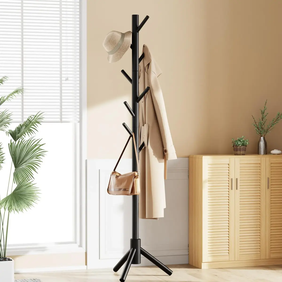 Pipishell Solid Wooden Coat Rack Freestanding with 8 Hooks, Black | Adjustable Height 68.9 inches (175 cm) - view 6