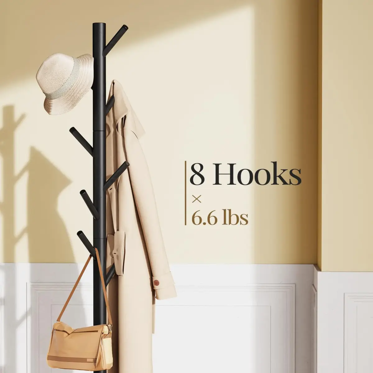 Pipishell Solid Wooden Coat Rack Freestanding with 8 Hooks, Black | Adjustable Height 68.9 inches (175 cm) - main product image